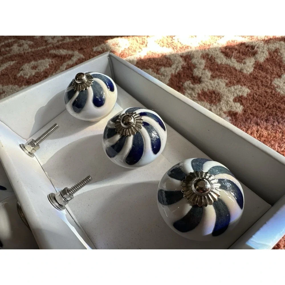 NIB Blue Cream White Ceramic Drawer Pulls Knobs Made In India Boho Hippie‎